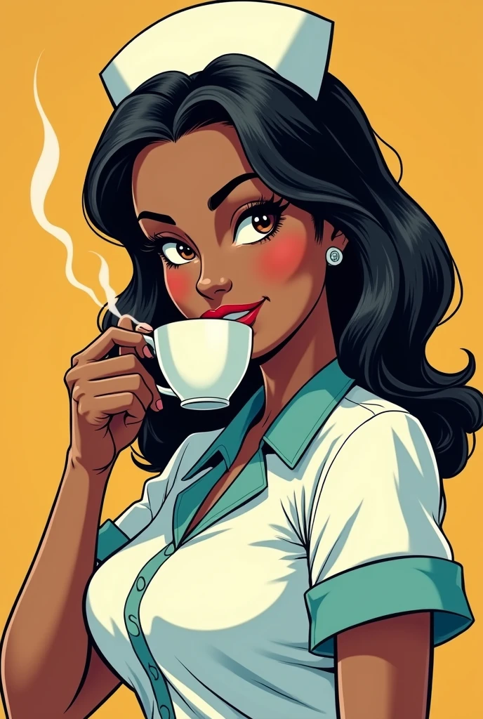 Retro comic nurse, dark brown skin, drinking coffee. the image without background