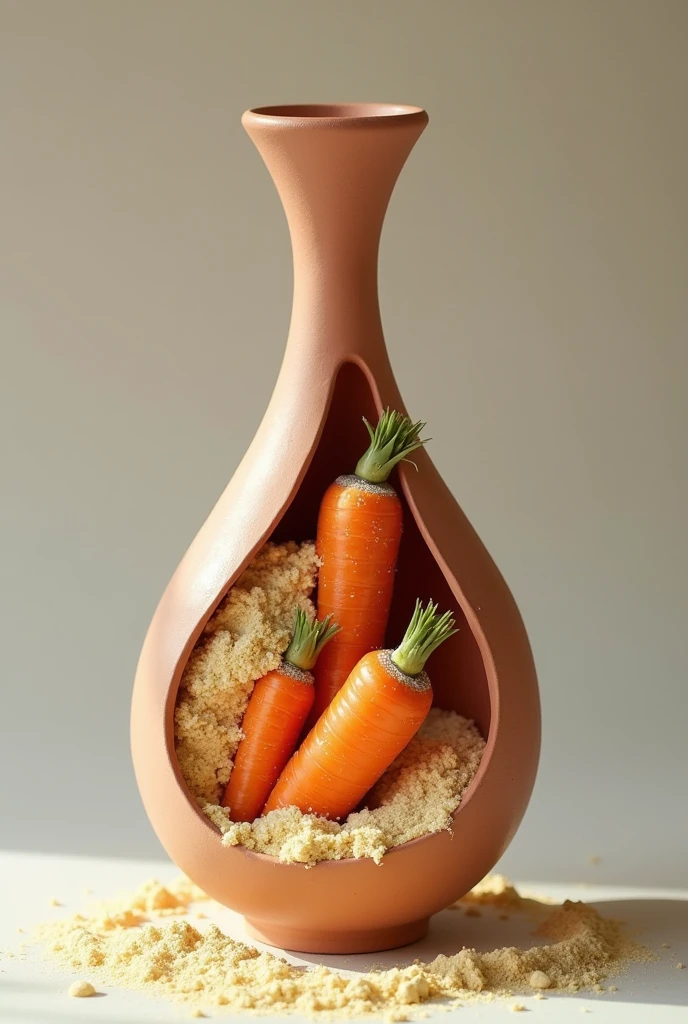 Make a picture of a long, tall clay pot with flour made from carrots and with whole carrots embedded in the bowl.