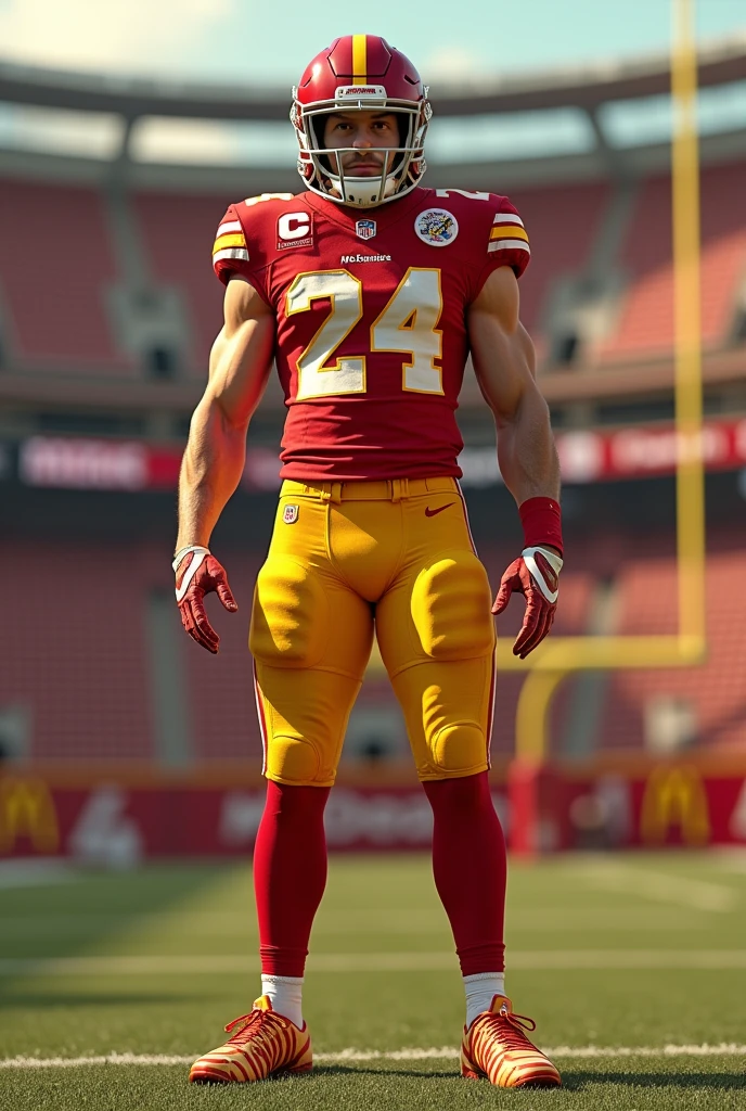 Christian McCaffery in a McDonalds inspired football uniform wearing #24
