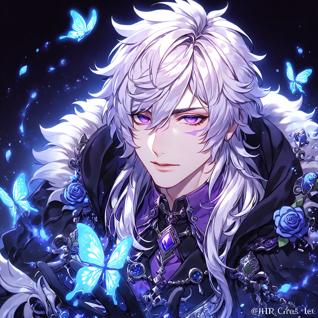 absurdres, highres, ultra detailed, HDR, master piece, best quality, extremely detailed, detailed face, Add, white hair, expressive purple eyes, Elsword, solo, sexy man, handsome, manly man, purple scar on the left eye, black coat with high fur collar, purple shirt, black vest, black gloves, magical, fantasy, under a blue tree, blue flames, blue moon, blue fireflies, blue roses, blue butterflies, glass magic