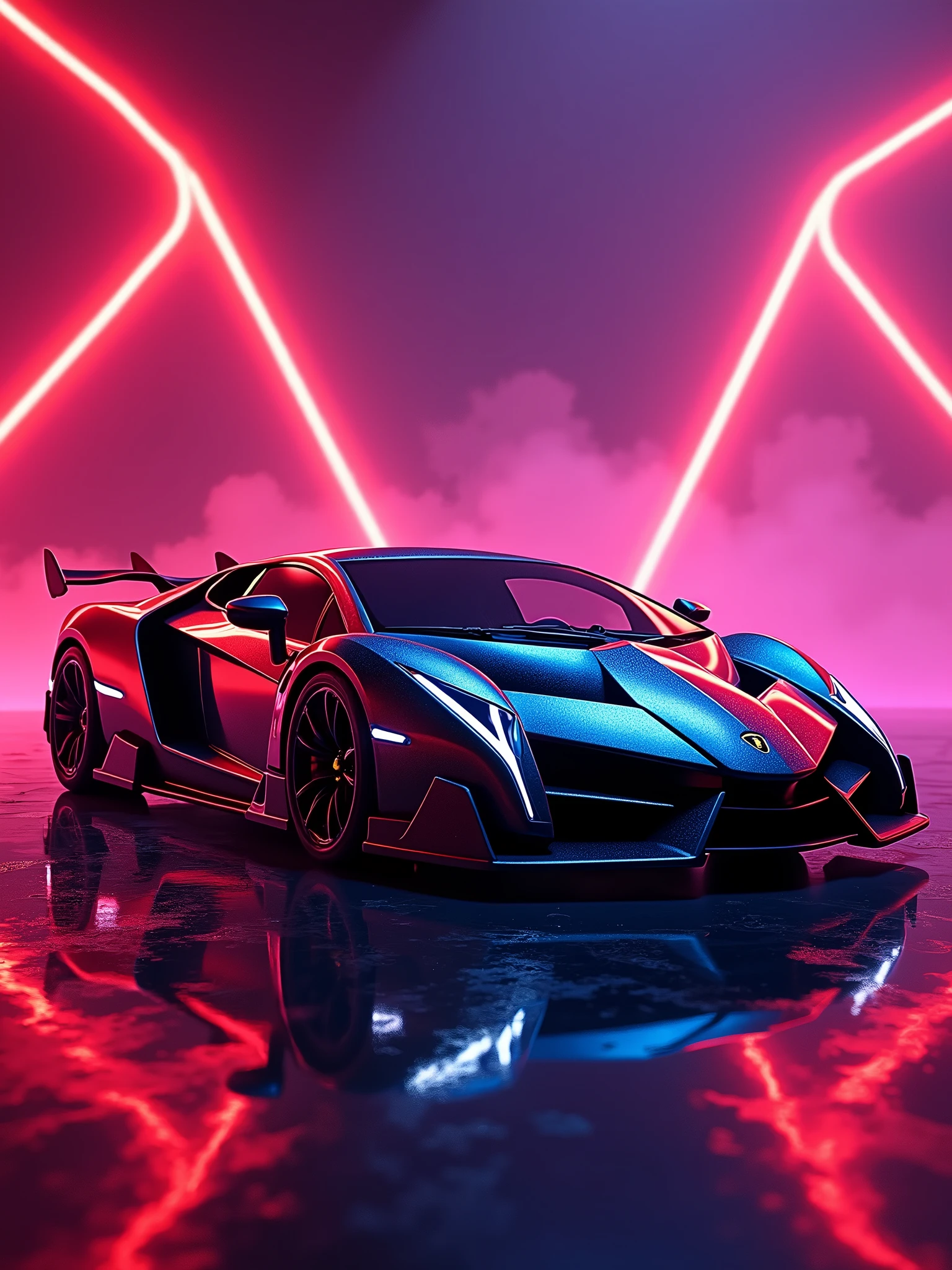 stunning, vibrant illustration of a sleek metallic black and red Lamborghini veneno set in a captivating purple lighting room. The car's geometric design is accentuated by neon lights, and the prominent Lamborghini logo on the side adds to its luxurious appeal. The background features dynamic, futuristic angular red lines, creating a high-energy atmosphere. The car's reflection on a shiny surface below adds depth and dimension to the composition, making for a visually stunning and powerful image., poster, illustration, photo, vibrant