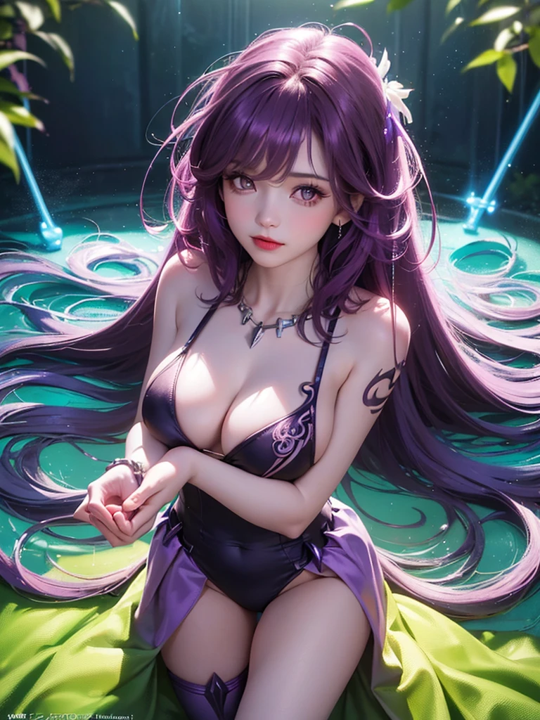 (best quality, 8k, 32k, masterpiece, UHD:1.2) 1girl, breasts, jewelry, purple_hair, dress, cleavage, solo, long_hair, hair_ornament, purple_dress, water, necklace, earrings, purple_eyes, looking_at_viewer, bracele, large_breasts, raiden_shogun, flower, hair_flower, waterfall, night, bangs, colors vivid and realistic, RAW photos, realistic photos, ultra-high quality 8k surreal photos, cool photos, (virtual lighting effects: 1.8), 10x pixels, magic effects (background): 1.8), super detailed, girl alone, wide original photo, 8k quality, super sharp, detailed and clear picture best