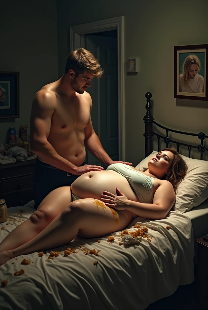 In a dim, cluttered room overflowing with fast food wrappers and greasy takeout containers, a handsome man with a physique similar to Justin Bieber stands triumphantly beside a bed where his now-fat and powerless girlfriend lies. Her once-proud, statuesque form has become bloated and soft, her enormous belly spilling over the edge of the mattress, a humiliating symbol of her downfall.
The man, clean-shaven and with a charming, confident demeanor, exudes absolute control. His eyes glint with satisfaction as he gently but firmly massages her rolls of fat, his touch both commanding and invasive. His well-groomed hair and appealing physique contrast sharply with the mess around them. Each press and knead of her belly is a clear assertion of his dominance.
The woman, now weak and tearful, lies supine on the bed, her once-beautiful face marked by distress and resignation. Her tears mix with the greasy stains on her clothes, and her bloated body appears helpless amidst the scattered food remnants. She gazes up at him with a blend of shame and despair.
A framed photo on the wall captures a painful reminder of their past—a time when she was dominant and fit, and he seemed weaker. The contrast between their past and present is brutal, underscoring her total degradation. Harsh lighting casts deep shadows, accentuating every detail of her humiliation—the folds of her bloated belly, his satisfied smirk, and the tears streaming down her face. She lies defeated, overwhelmed by the sheer dominance of the man who now controls her body and soul.
