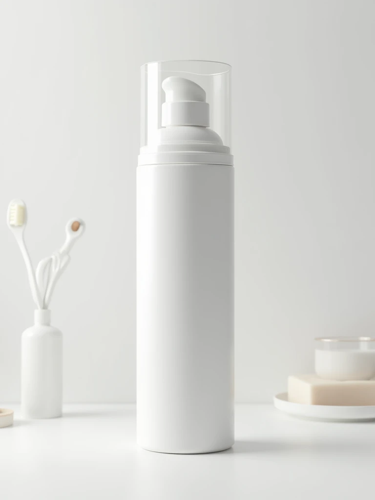 tall cylindrical container in white color with transparent white lid, background with some minimalist personal hygiene elements for mockup, detailed image, better lighting, high contrast