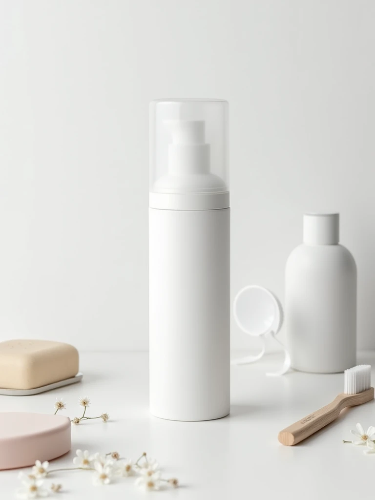 tall cylindrical container in white color with transparent white lid, background with some minimalist personal hygiene elements for mockup, detailed image, better lighting, high contrast