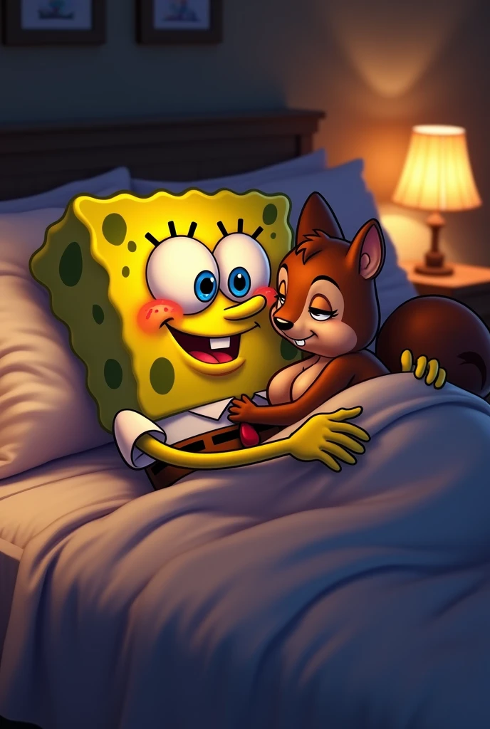 SpongeBob in bed with Sandy Cheeks, draw with a dexual connotation