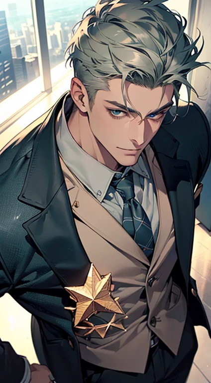 (best quality, masterpiece, 8K, photorealistic, cinematic lighting, 1:4 hdr image, top view, ultra detailed, beautiful image), a mature man, very handsome, short grey green hair, blue eyes, perfect face without errors , ((buttoning his jacket, CEO)), smile in love.