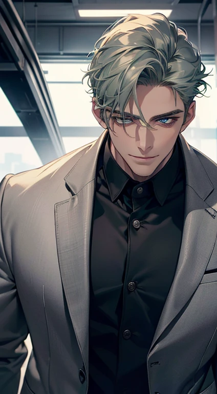 (best quality, masterpiece, 8K, photorealistic, cinematic lighting, 1:4 hdr image, top view, ultra detailed, beautiful image), a mature man, very handsome, short grey green hair, blue eyes, perfect face without errors , ((buttoning his jacket, CEO)), smile in love.