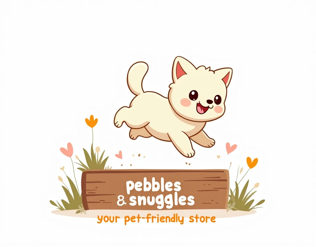 create a banner for a pet shop that contains a cute kawaii white dog jumping over an obstacle while he seems happy, the background is white, there isn't any human, the dog is jumping over a text showing "PEBBLES & SNUGGLES", underneath the text, it's written, "your pet-friendly store". (( this is a banner for a shop )), no background
