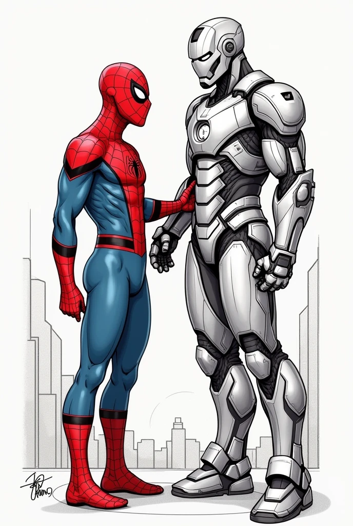 Create a simple tattoo sketch of spider man along with iron man being friends