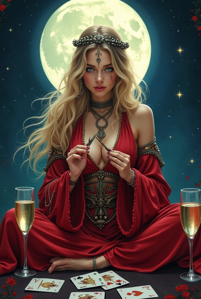 Create a gypsy with dark blonde hair, light blue eyes, red outfit, drinking champagne and playing cards with the moon in the background 