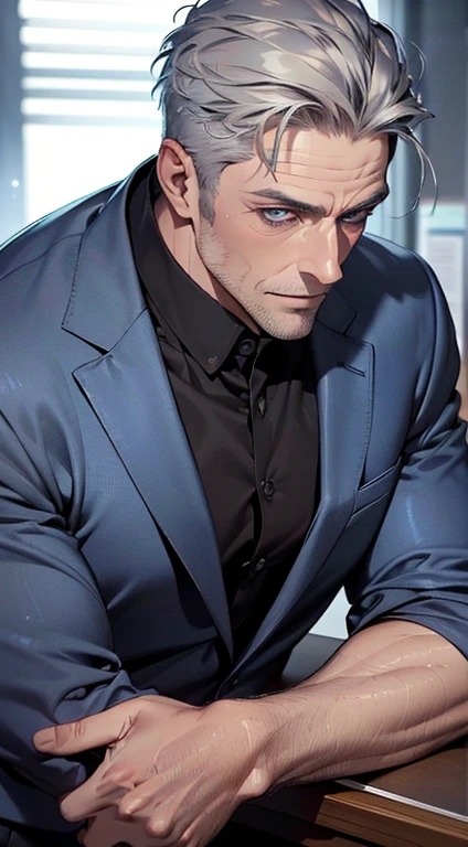 (best quality,4k,8k,highres,masterpiece:1.2),ultra-detailed,(realistic,photorealistic,photo-realistic:1.37),1 man,3,mature man,very handsome,without expression,smile,short grey blue hair,blue eyes,penetrating gaze,perfect face without errors,imposing posture,businessman,office background,cinematic lighting,hdr image
