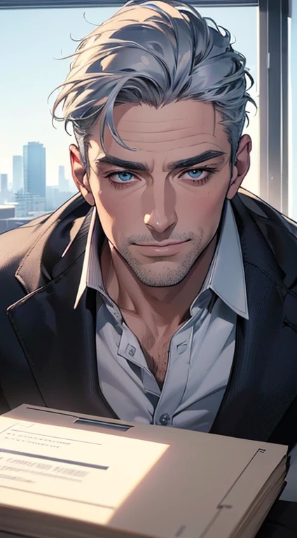 (best quality,4k,8k,highres,masterpiece:1.2),ultra-detailed,(realistic,photorealistic,photo-realistic:1.37),1 man,3,mature man,very handsome,without expression,smile,short grey blue hair,blue eyes,penetrating gaze,perfect face without errors,imposing posture,businessman,office background,cinematic lighting,hdr image