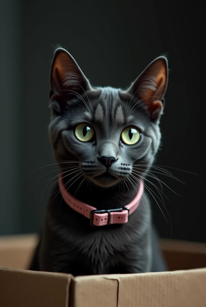 a dark gray cat with no nuances in its fur, with light green eyes, in a cardboard box with a pink collar