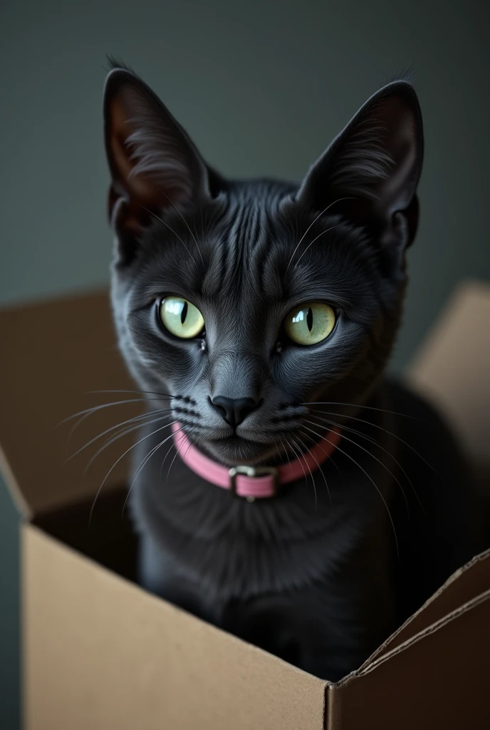 a dark gray cat with no nuances in its fur, with light green eyes, in a cardboard box with a pink collar