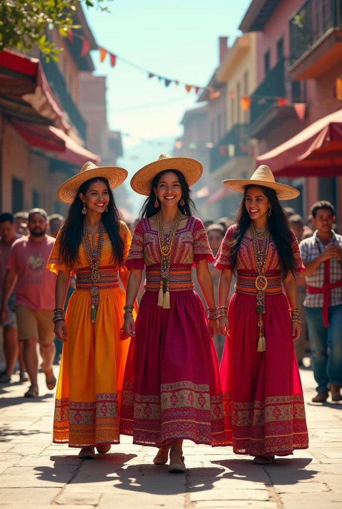 Be more efficient and realistic and create an image with a group of tourists following three young ladies dressed as ñustas with the traditional clothing of Peru. The image that reflects a LIVE tourist circuit that is on the street playing, eating and having fun with the Inca culture should highlight their happiness and how happy we are.,
