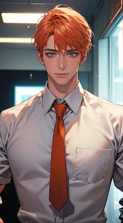 (Highest quality,4K,8K,High resolution,masterpiece:1.2),Super detailed,(Realistic,photoRealistic,photo-Realistic:1.37),1 personld,Mature Men,Beautiful skin、very handsome,Expressionless smile in love,Short orange hair,green eyes,Sharp Eyes,A perfect face without a doubt,Businessman, CEO, Office Background,Cinema Lighting,HDR image,tie、