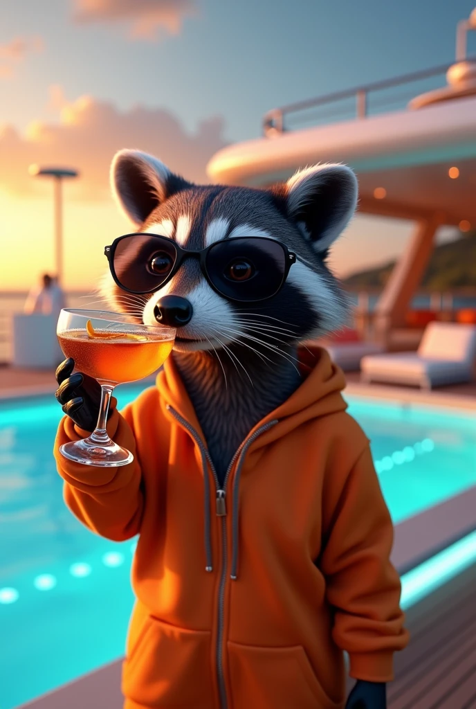 Realistic Adult Raccoon, dressed in an orange boxer costume, che beve un cocktail, with dark rayban sunglasses, by the pool of a luxury yacht with blue LEDs, at sunset near the California coast 