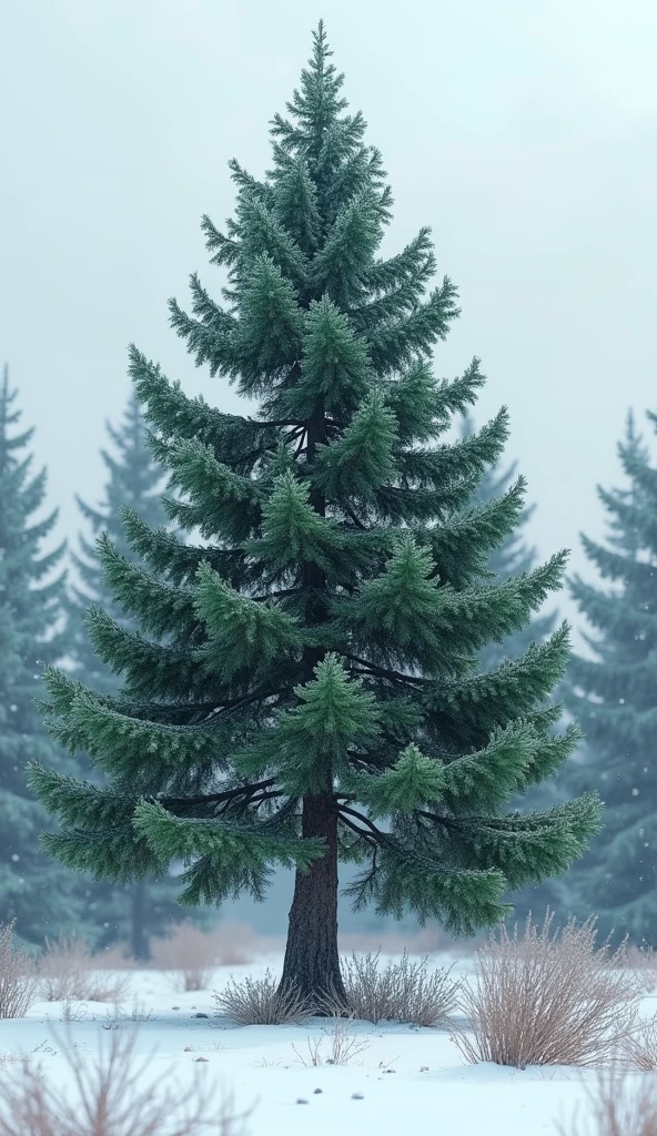 The pine tree surrounded by snow in winter, highlighting its resistance to cold.