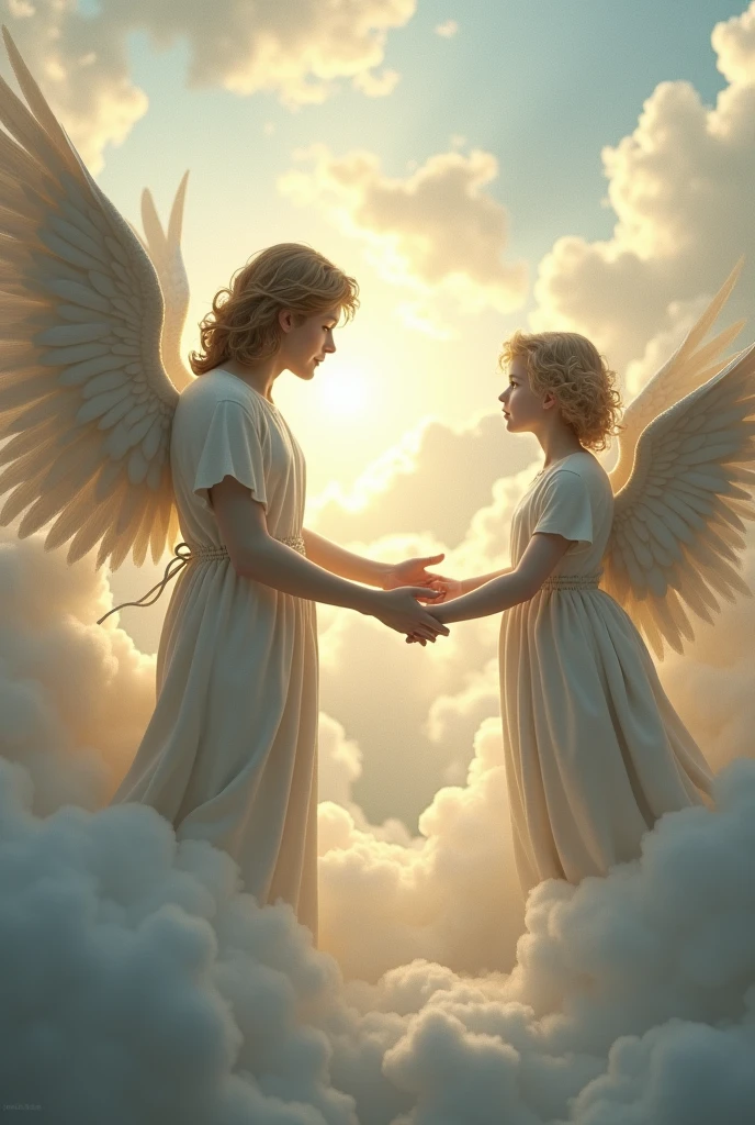 2 angels in the clouds reaching out to each other, man and child photorealism tattoo