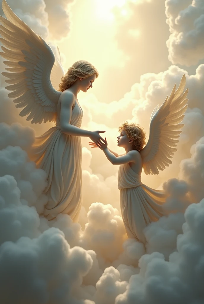 2 angels in the clouds reaching out to each other, man and child photorealism tattoo
