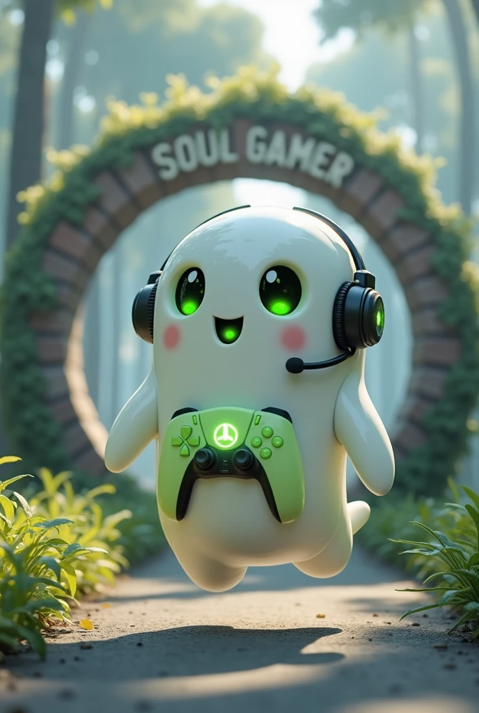 Create a Ghost-Looking Robot Pet. With slightly rounded shapes and well-defined limbs. His facial expression has large, green eyes with a glow, conveying a friendly and cheerful expression. He has a small open mouth with a happy smile and flushed cheeks.. Its body is white with small green details and a smooth, slightly shiny texture.. He has a headset on his head with an adjustable microphone positioned close to his mouth.. And on his chest you can see the illuminated shape of a Playstation 5 controller in fluorescent green.. It floats in the air, as if he were ready for an adventure. Behind the character you can see a portal and on it is written "Soul Gamer".