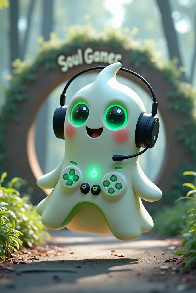 Create a Ghost-Looking Robot Pet. With slightly rounded shapes and well-defined limbs. His facial expression has large, green eyes with a glow, conveying a friendly and cheerful expression. He has a small open mouth with a happy smile and flushed cheeks.. Its body is white with small green details and a smooth, slightly shiny texture.. He has a headset on his head with an adjustable microphone positioned close to his mouth.. And on his chest you can see the illuminated shape of a Playstation 5 controller in fluorescent green.. It floats in the air, as if he were ready for an adventure. Behind the character you can see a portal and on it is written "Soul Gamer".
