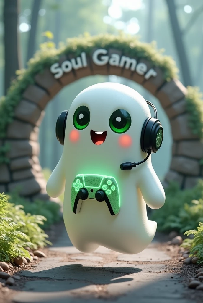 Create a Ghost-Looking Robot Pet. With slightly rounded shapes and well-defined limbs. His facial expression has large, green eyes with a glow, conveying a friendly and cheerful expression. He has a small open mouth with a happy smile and flushed cheeks.. Its body is white with small green details and a smooth, slightly shiny texture.. He has a headset on his head with an adjustable microphone positioned close to his mouth.. And on his chest you can see the illuminated shape of a Playstation 5 controller in fluorescent green.. It floats in the air, as if he were ready for an adventure. Behind the character you can see a portal and on it is written "Soul Gamer".