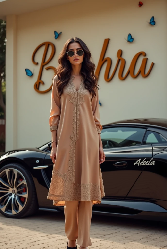 "A beautiful girl looking stunning, wearing stylish girl sunglasses. Her light makeup enhances her natural beauty, and her loose, softly curly hair adds to her charming gorgeous appearance."
"A beautiful girl looking stunning, wearing stylish sunglasses. Her light makeup enhances her natural beauty, and her loose, softly curly hair adds to her charming appearance."
A beautiful young lady with small curly hair looking so gorgeous and decent makeup and water "Aviator" sunglasses is standing next to a luxury unique car and a name "Adeela" written to vest funt on it. She's wearing a stunning - best designing awesome Shlwar Qameez light brown shaded color suit with intricate designs and black heel shoes. The car is parked in a picturesque setting with colorful butterflies flying around and 'Bushra' written in bold, cursive font on the wall behind her. The scene exudes elegance and sophistication."
Let me know if you'd like me to generate an image based on this prompt!