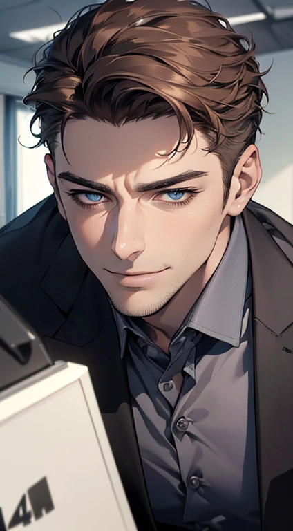 (best quality,4k,8k,highres,masterpiece:1.2),ultra-detailed,(realistic,photorealistic,photo-realistic:1.37),1 man,3,mature man,very handsome,without expression,smile,short grey brown hair,blue eyes,penetrating gaze,perfect face without errors,imposing posture,businessman,office background,cinematic lighting,hdr image