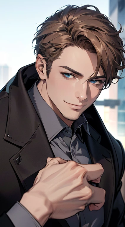 (best quality,4k,8k,highres,masterpiece:1.2),ultra-detailed,(realistic,photorealistic,photo-realistic:1.37),1 man,3,mature man,very handsome,without expression,smile,short grey brown hair,blue eyes,penetrating gaze,perfect face without errors,imposing posture,businessman,office background,cinematic lighting,hdr image