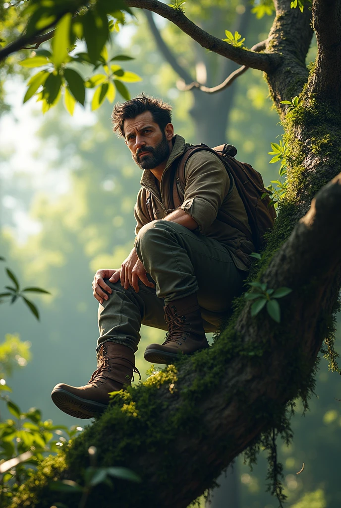 Create me a super realistic character on top of a tree