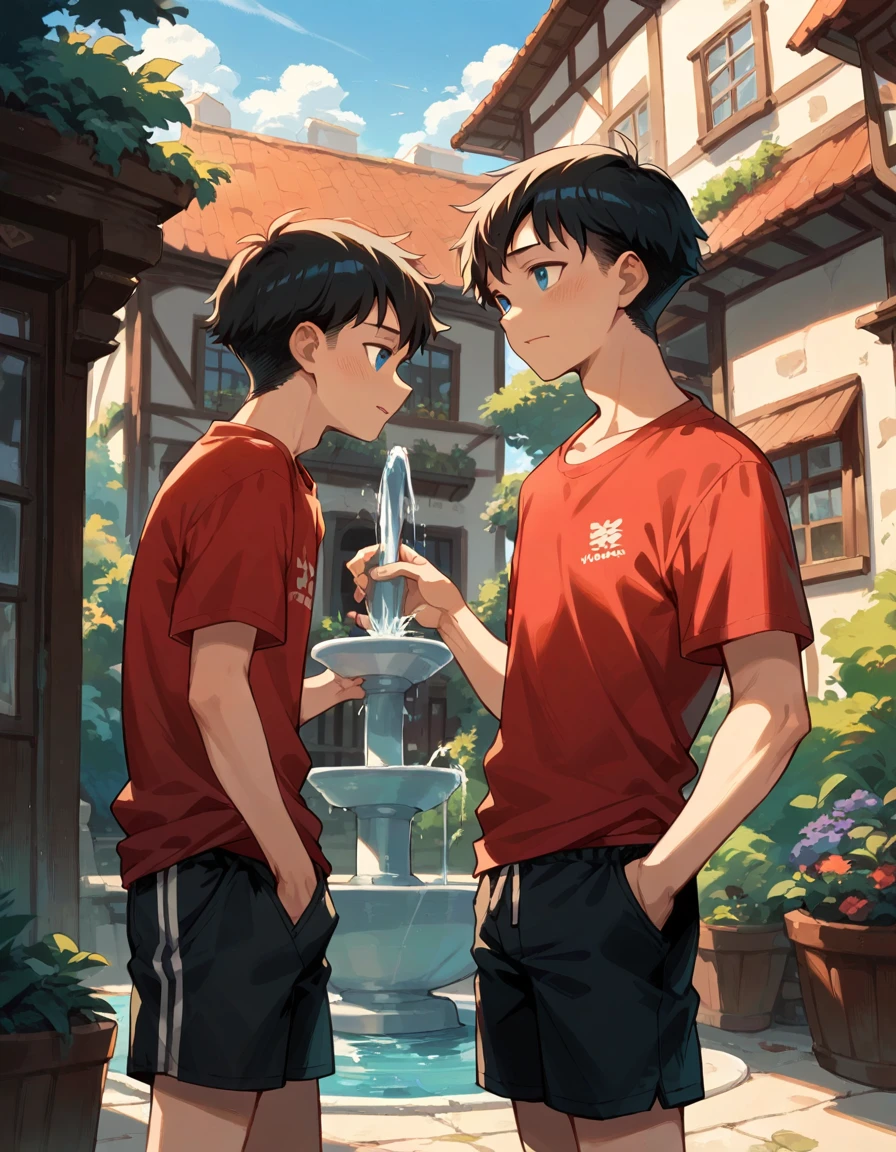 fountain_animated 1,blue-eyed and black-haired boy wearing a red shirt and black shorts with his friend in a house