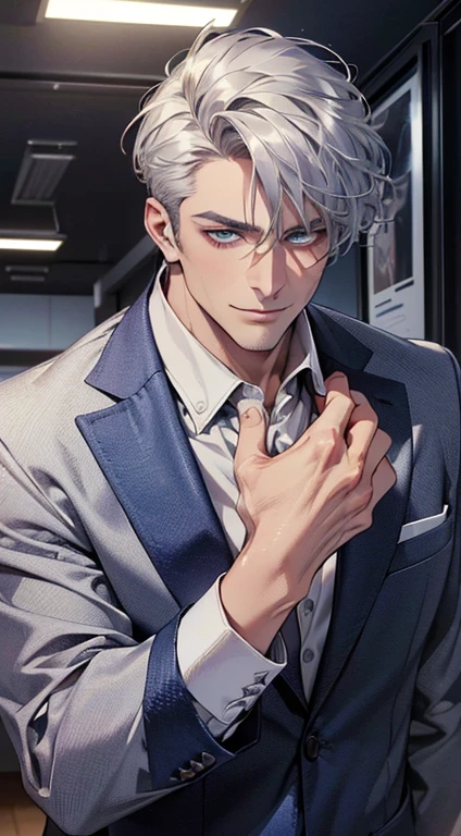 (best quality,4k,8k,highres,masterpiece:1.2),ultra-detailed,(realistic,photorealistic,photo-realistic:1.37),1 man,3,mature man,very handsome,without expression,smile,short silver hair,blue eyes,penetrating gaze,perfect face without errors,imposing posture,businessman,office background,cinematic lighting,hdr image