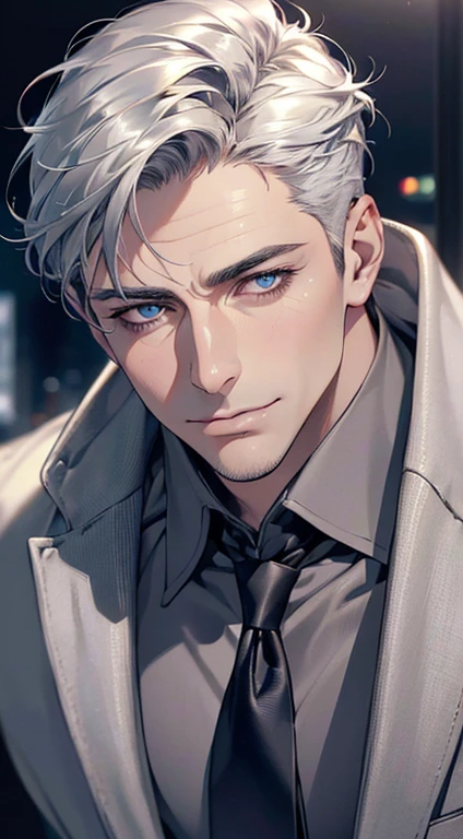 (best quality,4k,8k,highres,masterpiece:1.2),ultra-detailed,(realistic,photorealistic,photo-realistic:1.37),1 man,3,mature man,very handsome,without expression,smile,short silver hair,blue eyes,penetrating gaze,perfect face without errors,imposing posture,businessman,office background,cinematic lighting,hdr image