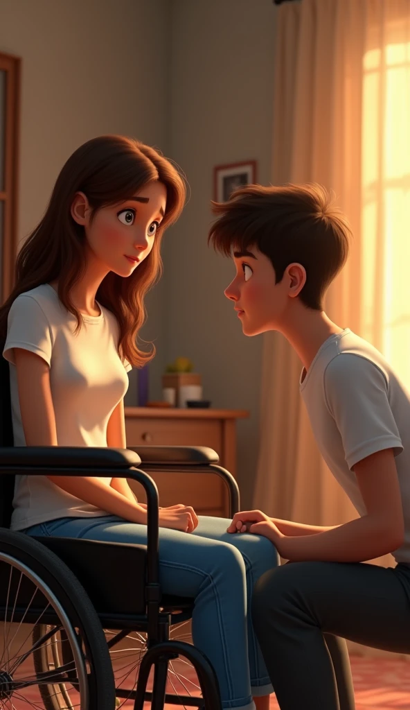A sad georgous young woman with brown hair and white t-shirt and jeans setting on a wheelchair talking to her handsome boyfriend at home, pixar style, cinematic masterpiece aesthetic, realistic