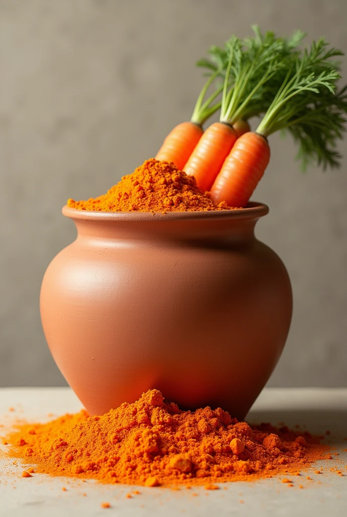 Make an image of a long, tall clay pot with flour made from carrots and with whole carrots in the bowl and others resting on the top.