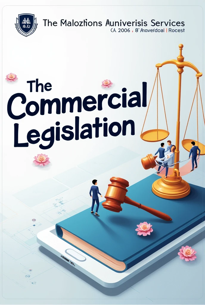I need you to make a cover with images related to commercial legislation and that says commercial legislation and the logo of the University of Pamplona of Colombia 2024-2.