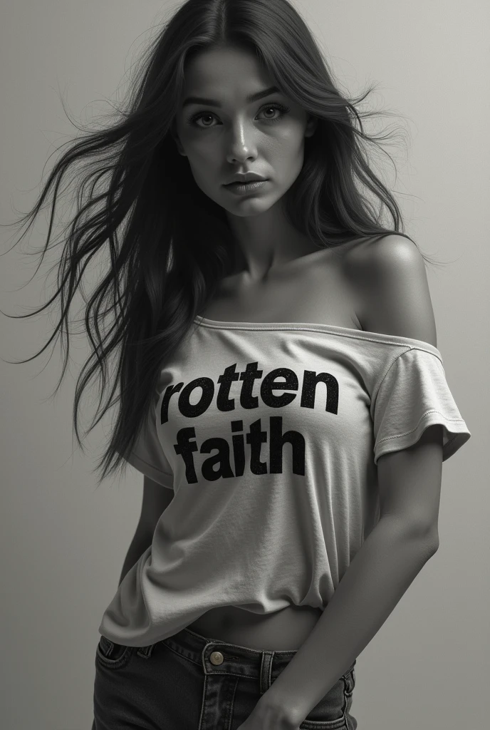 A naked  woman wearing a “Rotten Faith” shirt 