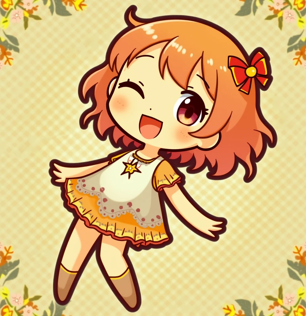 Create a digital chibi drawing of an anime girl with a distinctly hand-drawn digital style. She should have a cute and exaggerated appearance with a large, round face, big, expressive eyes, and a joyful smile. Her hair should be styled in a playful, voluminous way with bright colors like soft peach or pastel lavender, and include hand-drawn highlights and shadows. Dress her in a simple yet charming outfit, such as a cute dress with floral patterns or a stylish skirt and top combination, paired with minimal, colorful accessories like a small hat or a ribbon.For the background, design a beautiful, digital scene featuring lush, detailed plants and flowers, like a vibrant garden or a whimsical forest with softly colored foliage and delicate blossoms. The background should enhance the chibi character, using harmonious colors and a clean, polished digital effect. Ensure the drawing has a clear, hand-drawn digital look with crisp lines and vivid colors, making it obvious that it is a carefully crafted digital artwork and not created by AI.
