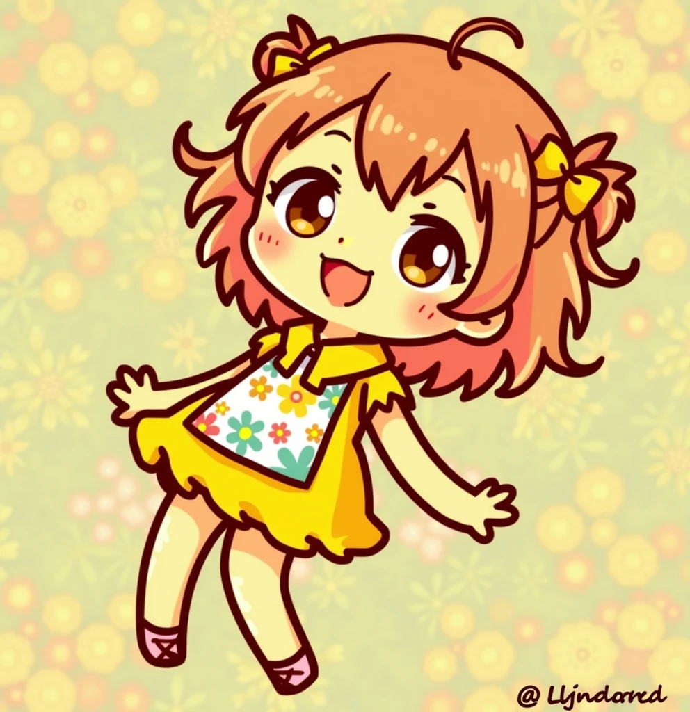 Create a digital chibi drawing of an anime girl with a distinctly hand-drawn digital style. She should have a cute and exaggerated appearance with a large, round face, big, expressive eyes, and a joyful smile. Her hair should be styled in a playful, voluminous way with bright colors like soft peach or pastel lavender, and include hand-drawn highlights and shadows. Dress her in a simple yet charming outfit, such as a cute dress with floral patterns or a stylish skirt and top combination, paired with minimal, colorful accessories like a small hat or a ribbon.For the background, design a beautiful, digital scene featuring lush, detailed plants and flowers, like a vibrant garden or a whimsical forest with softly colored foliage and delicate blossoms. The background should enhance the chibi character, using harmonious colors and a clean, polished digital effect. Ensure the drawing has a clear, hand-drawn digital look with crisp lines and vivid colors, making it obvious that it is a carefully crafted digital artwork and not created by AI.