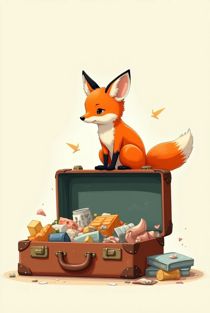 Fox sitting on a full suitcase, which is not closed properly