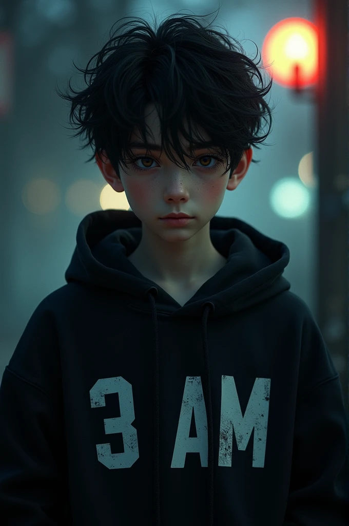 Create a boy with black hair, a cold look and brown eyes with a sweatshirt that says 3 am