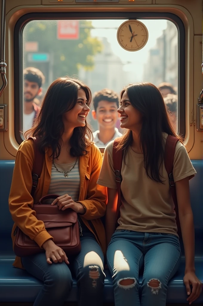 An image of a couple sitting in local Mumbai trains talking and laughing with their college bags on their lap