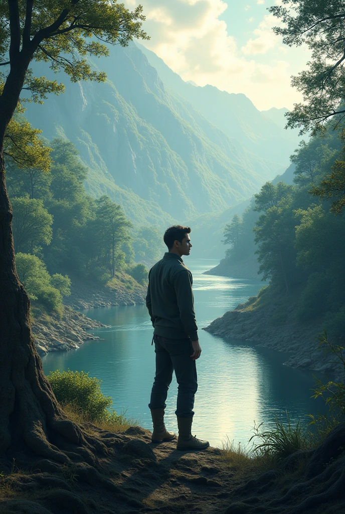 A 20 years old boy serious setting on rokes, in which forest and ahed of a lake and river 