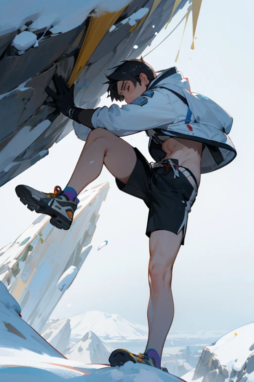 handsome boy with healthy body,free climbing,midriff,bikini,short pants,bare thighs,breathing white air,strong snow storm,strong snowy day,flying snowflakes as background,climbing snow peak,crawling on a vertical cliff,high altitude,high height,precise face