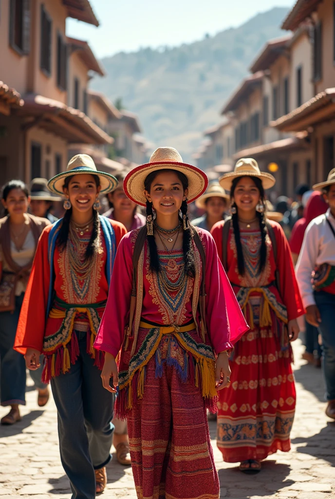 Be more efficient and realistic and create an image with a group of tourists following three young ladies dressed as peasants in traditional Peruvian clothing.. The image that reflects a LIVE tourist circuit that is on the street playing, eating and having fun with the Inca culture should highlight their happiness and how happy we are.,