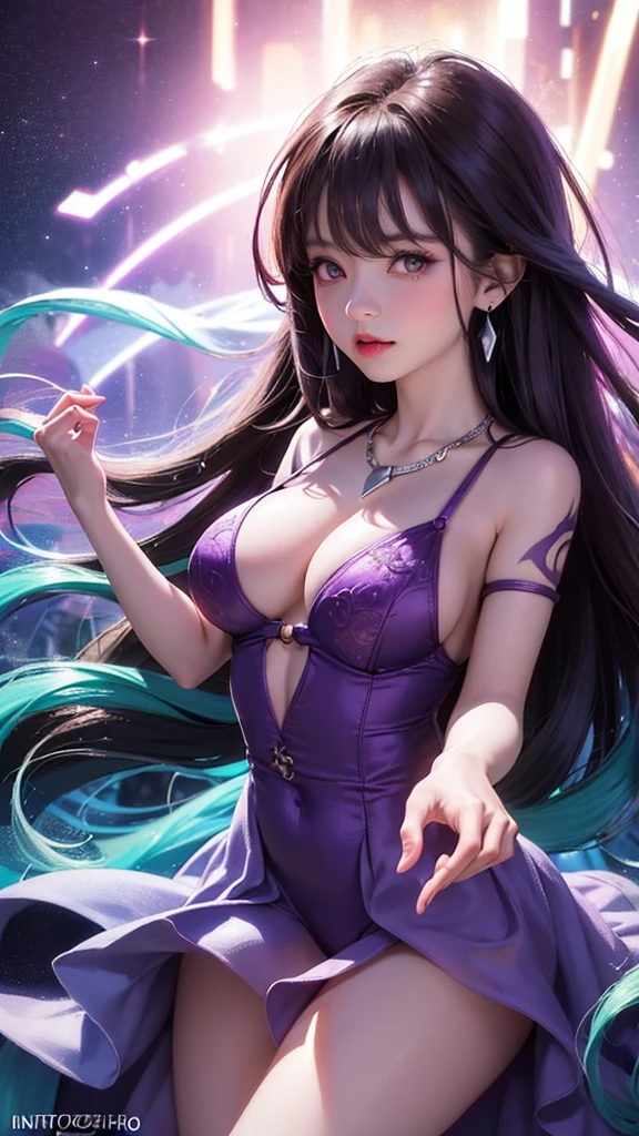 (best quality, 8k, 32k, masterpiece, UHD:1.2) 1girl, , jewelry, purple_hair, dress, cleavag long_hair, hair_ornament, purple_dress, water, necklace, earrings, purple_eyes, looking_at_viewer, bracele, large_breasts, raiden, flower, hair_flower, waterfall, night, bangs, colors vivid and realistic, RAW photos, realistic photos, ultra-high quality 8k surreal photos, cool photos, (virtual lighting effects: 1.8), 10x pixels, magic effects (background): 1.8), super detailed, girl alone, wide original photo, 8k quality, super sharp, detailed and clear picture best