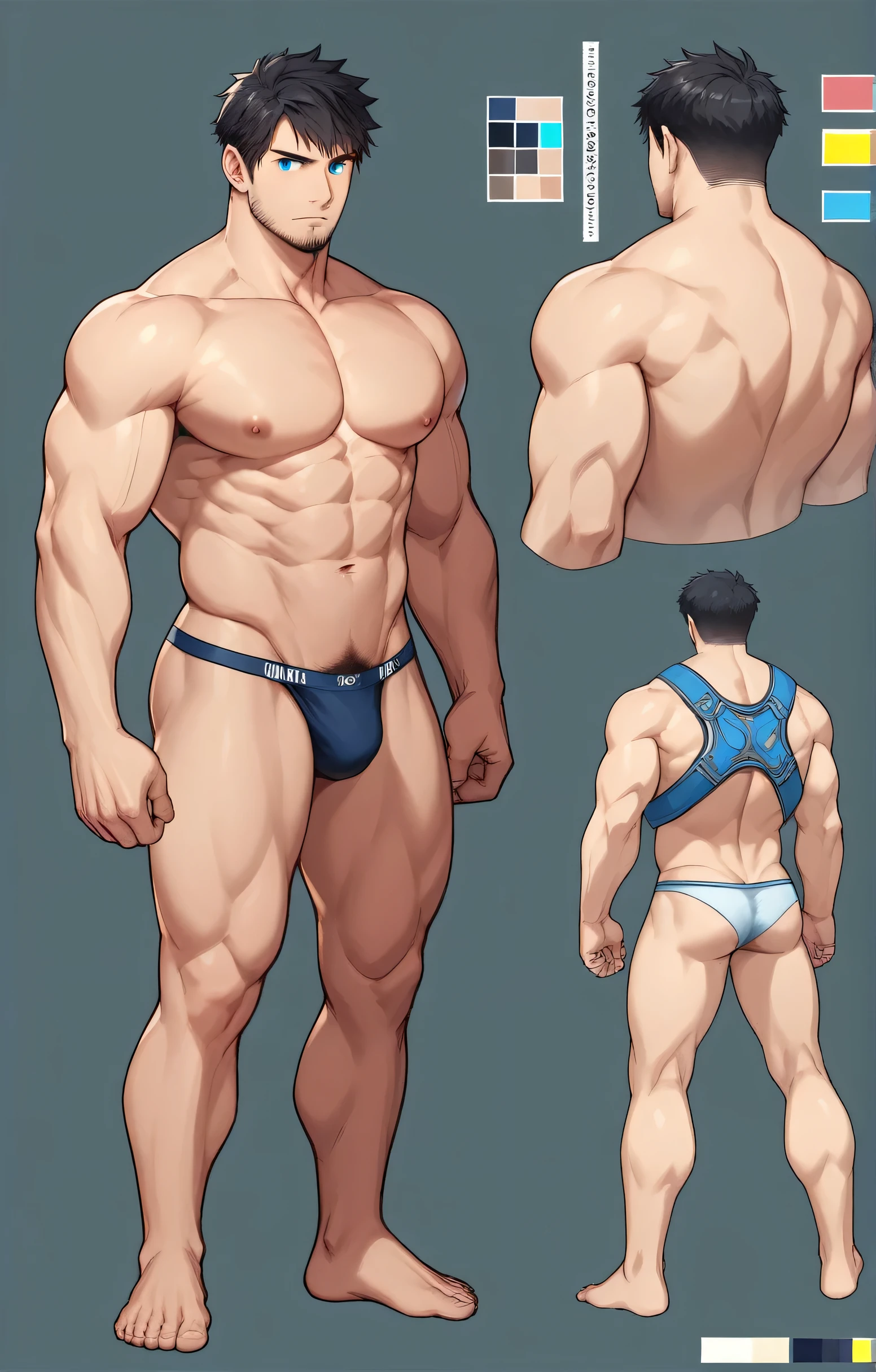 1boy, single, reference sheet, character design, front angle, side angle, left side angle, right side angle, dynamic poses, (masterpiece:1.2), (best quality:1.3), (reference sheet:1.5), adult anime male, huge man, very tall man, masculine body, muscle body, muscle tall male, athletic body, muscle builder, muscle, bulky body, giant, Bara, 6ft. male, (Blue eyes), (short hair), (short bangs), (black hair), (pale skin), (pale skin color), beard, naked, naked men, nude, nsfw, handsome, wide chest, string underwear, speedo, huge hips, wide hips, daddy, barefoot, not wearing pants, rugged, 40 years old, pubic hair