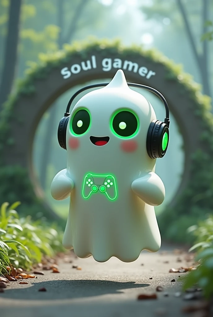 Create a Ghost-Looking Robot Pet. With slightly rounded shapes and well-defined limbs. His facial expression has large, green eyes with a glow, conveying a friendly and cheerful expression. He has a small open mouth with a happy smile and flushed cheeks.. Its body is white with small green details and a smooth, slightly shiny texture.. He has a headset on his head with an adjustable microphone positioned close to his mouth.. And on his chest you can see the illuminated shape of a Playstation 5 controller in fluorescent green.. It floats in the air, as if he were ready for an adventure. Behind the character you can see a portal and on it is written "Soul Gamer".